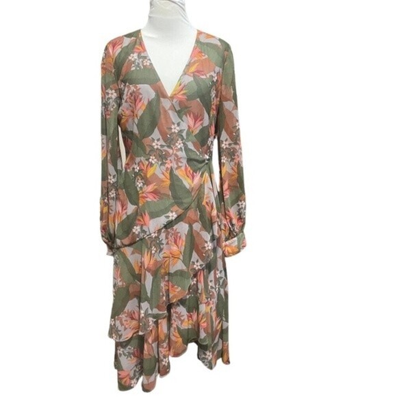 BADGLEY Mischka Multi Floral Ruffle Midi Faux Wrap Dress. - Picture 4 of 15